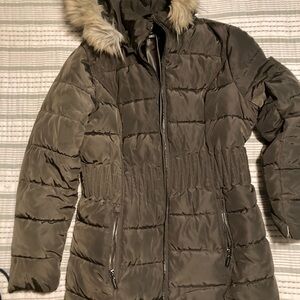 Laundry By Shelli Segal Olive Hooded Quilted Puffer Coat with Faux Fur Trim